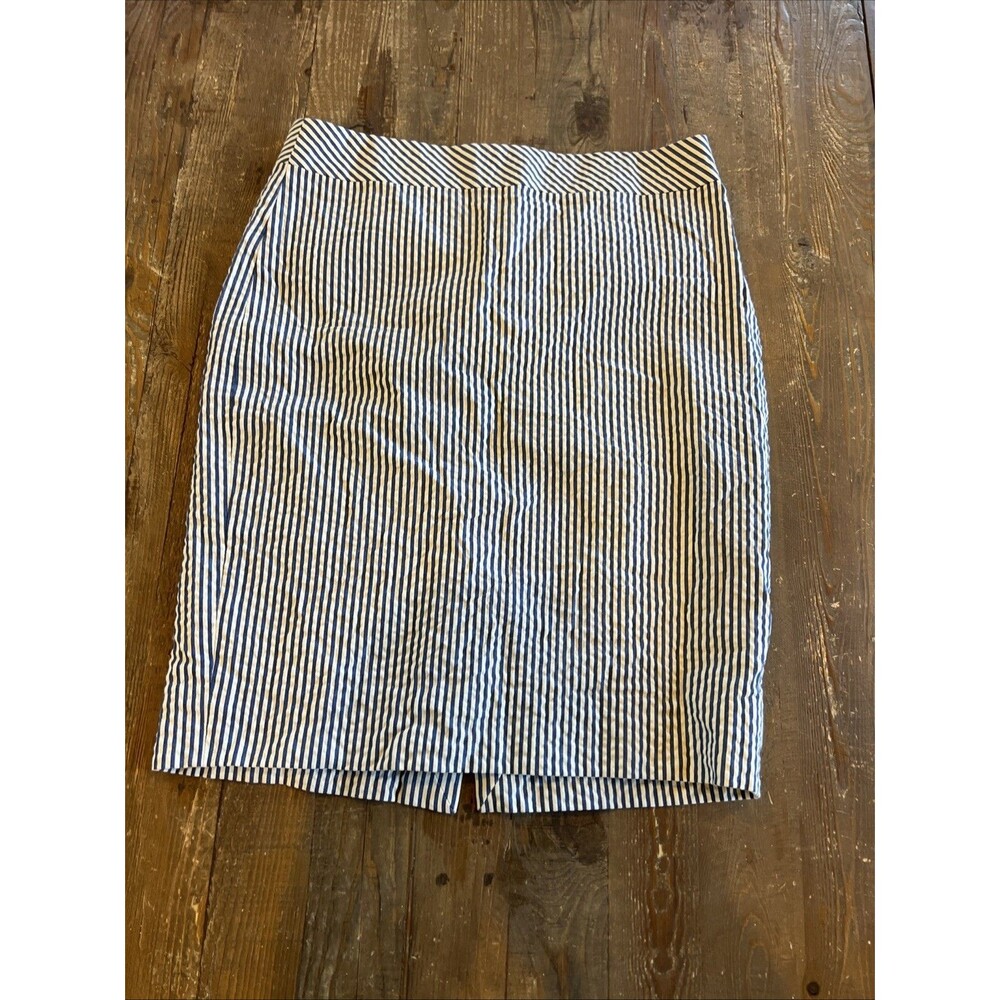 J.Crew 100% Cotton Lined Blue Pinstriped Pencil  Skirt Size 4 Preppy Sea Sucker